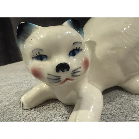 Vintage Ceramic Cat Kitty Stretching Collectible Mexico White Persian - Picture 2 of 11